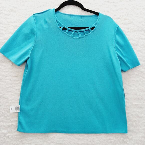 T-Shirt Size M Aqua Knit Pullover Lattice Neck Short Sleeve Soft Girl Basic Y2K - Picture 7 of 10